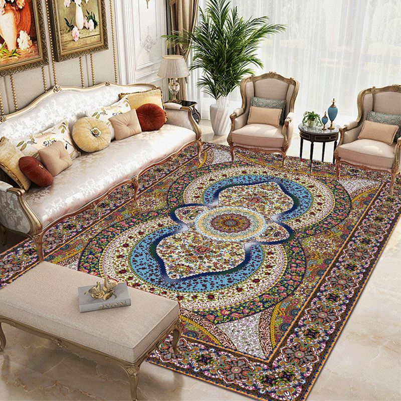 Tapis traditionnel vert Médaillon Médaillon Tapis lavable pour le salon