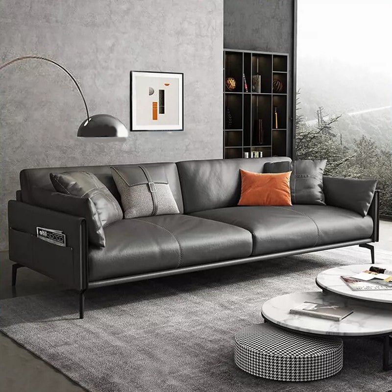 Mid-Century Modern Loose Back Sofa Gray Genuine Leather Aqure Arm Sofa