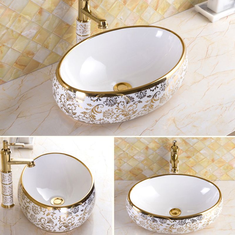 Traditional Vessel Sink Oval Porcelain with Pop-Up Drain and Faucet Vessel Lavatory Sink