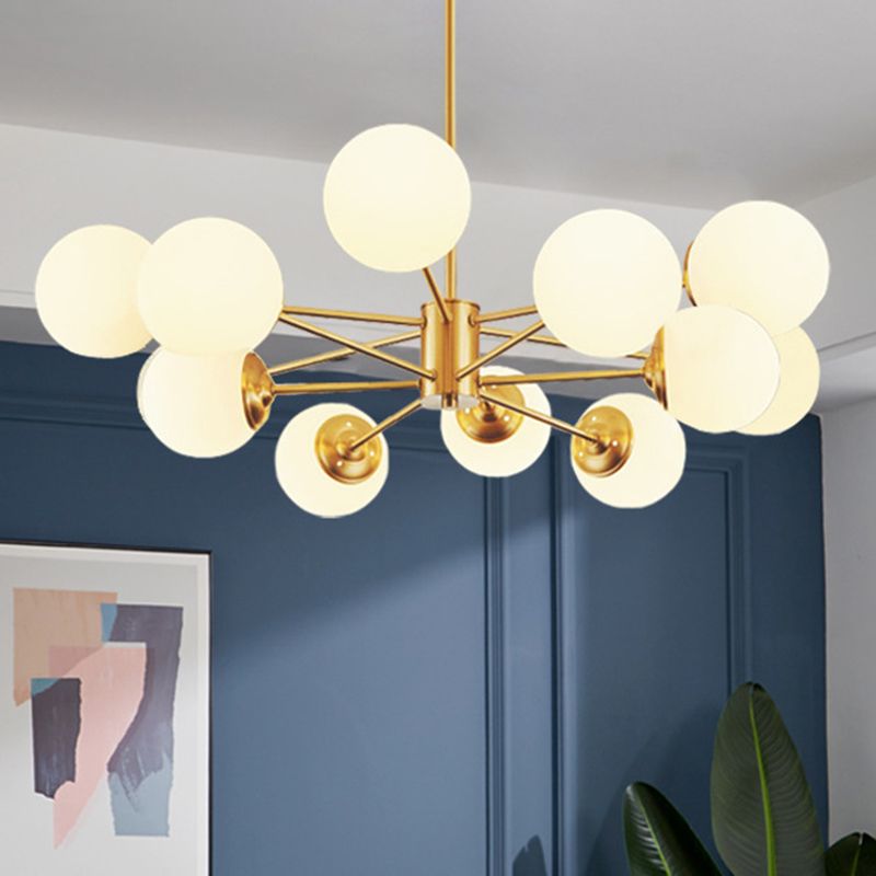 Post-Modern Metal Hanging Chandelier Light Opal Glass Shade Ceiling Chandelier in Gold for Bedroom