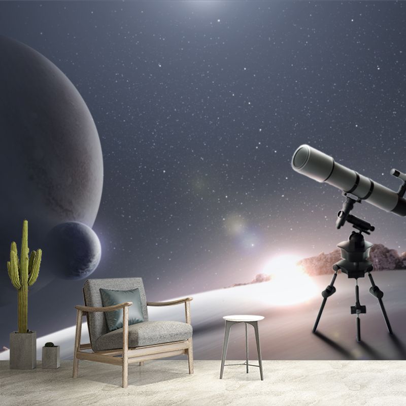 Cool Telescope and Globes Mural for Living Room, Blue and White, Made to Measure