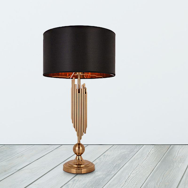 1 Light Drum Desk Lamp Traditional Black/White/Flaxen Fabric Task Lighting for Bedroom with Metal Base