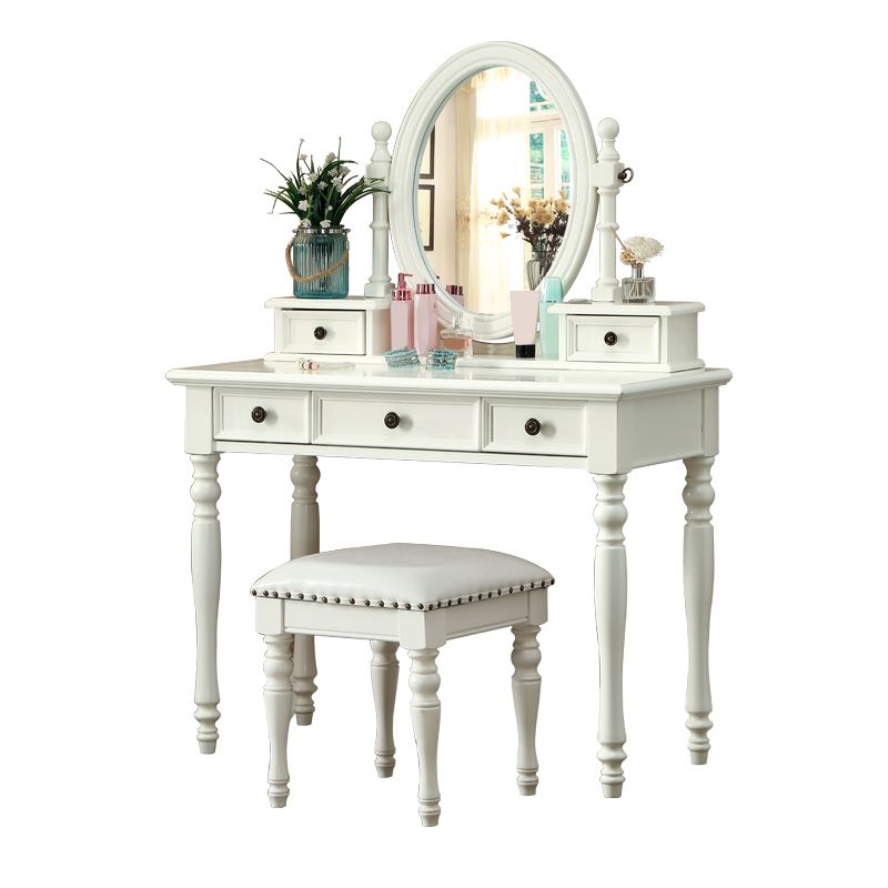 Traditional Mirrored Make-up Vanity Rubber Wood Dressing Table Stool Set