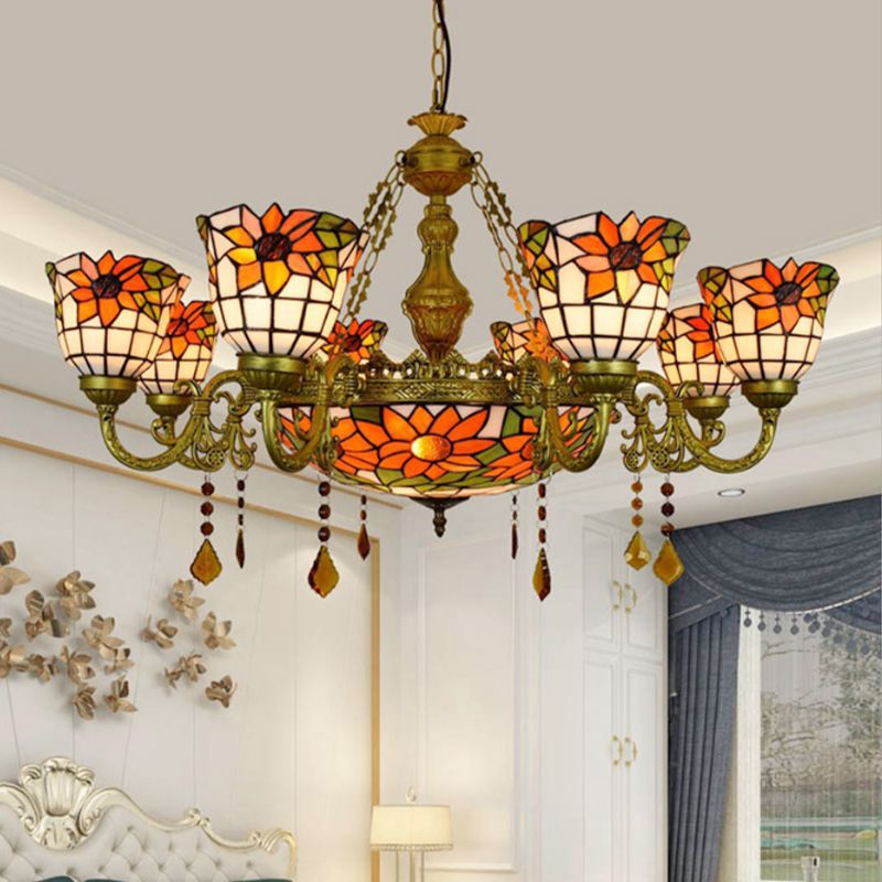 Mehrfarbiger umgekehrter Kronleuchter im Vintage-Stil, Buntglas, 9 Lichter, dekorative Hängeleuchte mit Sonnenblumenmuster