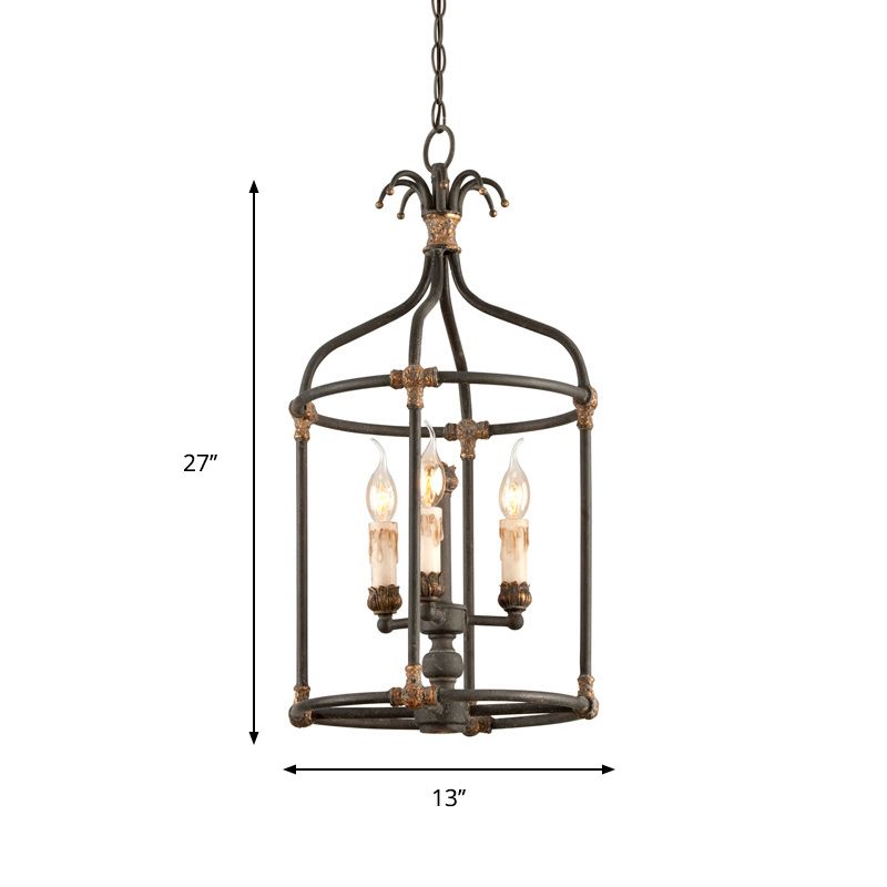 Black 3 Lights Chandelier Lighting Rustic Metal Bird Cage Pendant Lamp for Bedroom