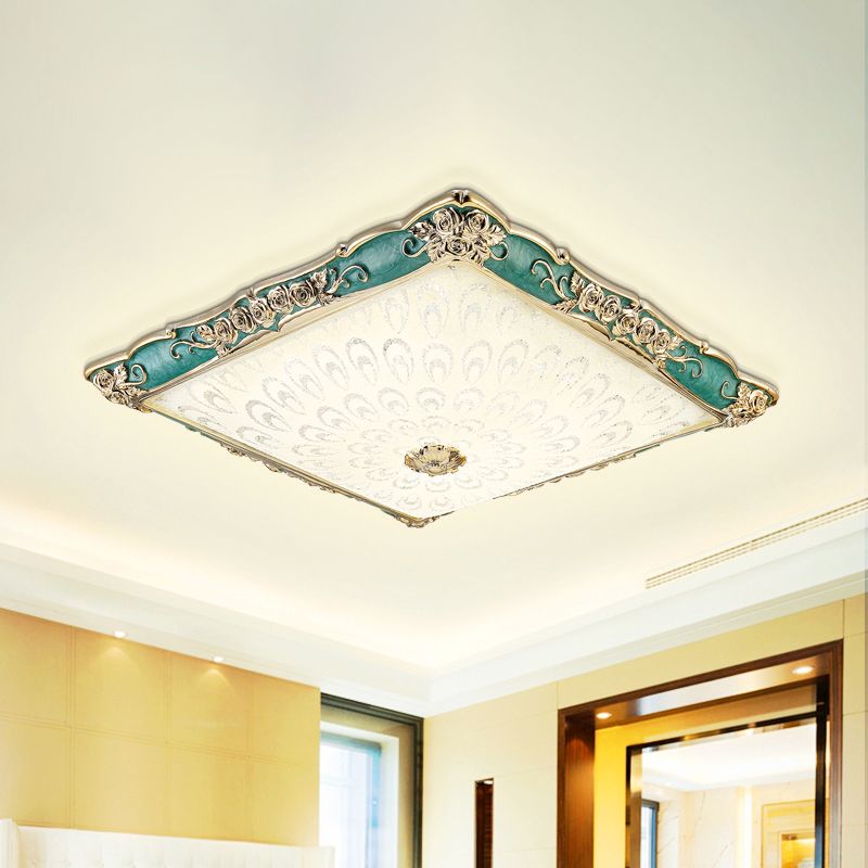 Pink/Green Square Shaped Flush Mount Light Antique Opaque Glass LED Bedroom Close to Ceiling Lamp