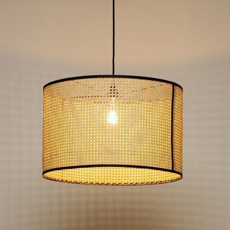 Beige Hand-Worked Pendant Chinese Style 1 Bulb Bamboo Cylindrical Hanging Light for Dining Table