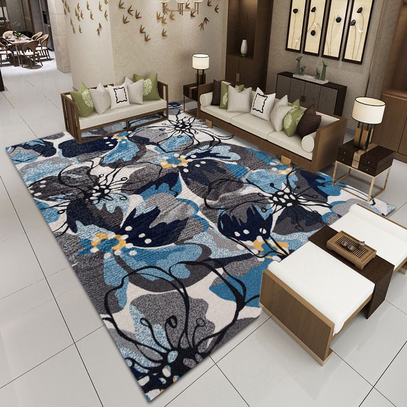 Black Oriental Area Carpet Flower Print Polyester Area Rug Stain Resistant Rug for Home Decor