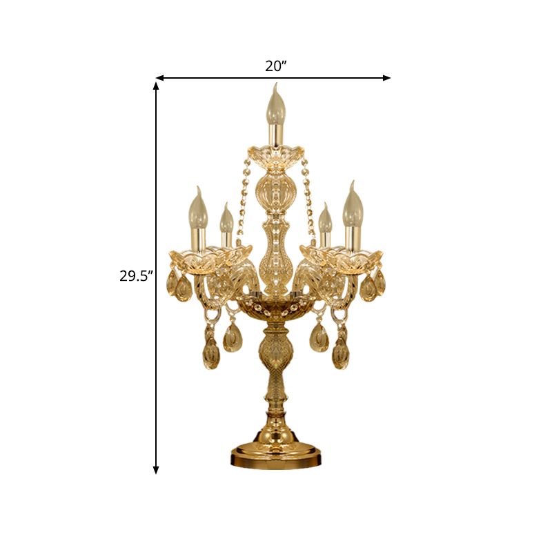 5/6 têtes Candelabra Table Light Traditional Gold Crystal Droplets Tablette de nuit avec / Sans nuance de tissu de cloche blanche