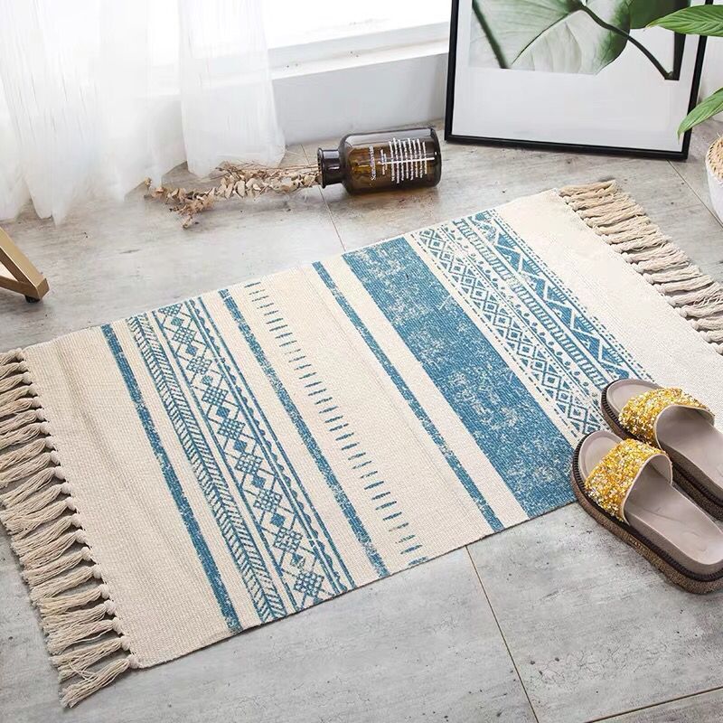 Boho Chic Bedroom Rug Multi-Color Geometric Pattern Rug Cotton Machine Wash Carpet with Tassel Fringe