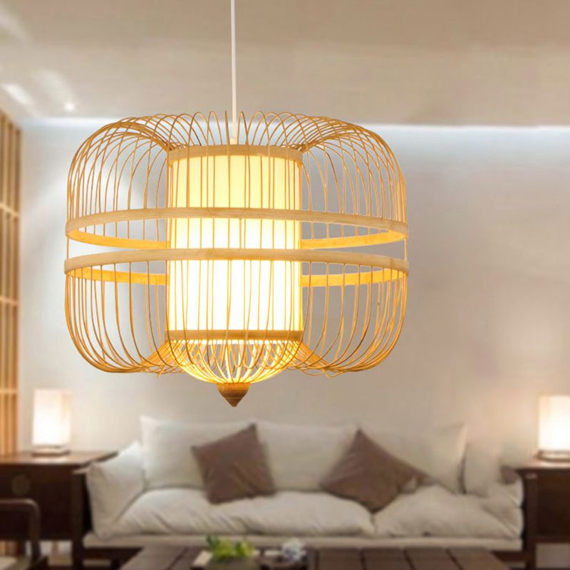 Bamboo Curved Drum Suspension Light Simplicity 1-Light Wood Pendant Light Fixture