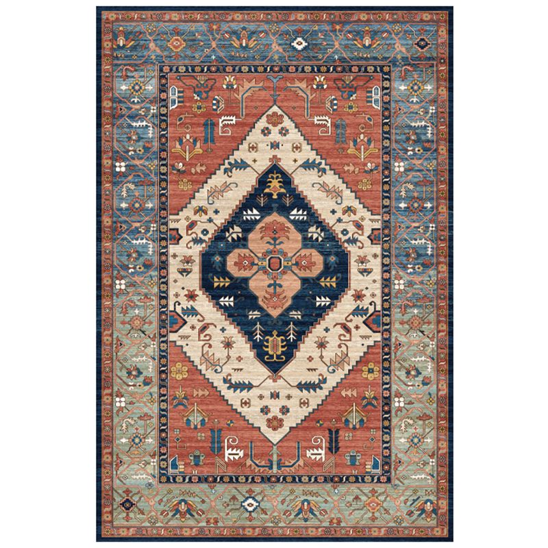 Red Tone Ethnic Print Rug Polyester Moroccan Carpet Non-Slip Backing Indoor Rug for Living Room