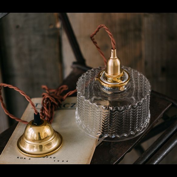 Fish-bone Texture Glass Hanging Light Brass Drum Shade Pendant Lamp for Bedroom Dining Room