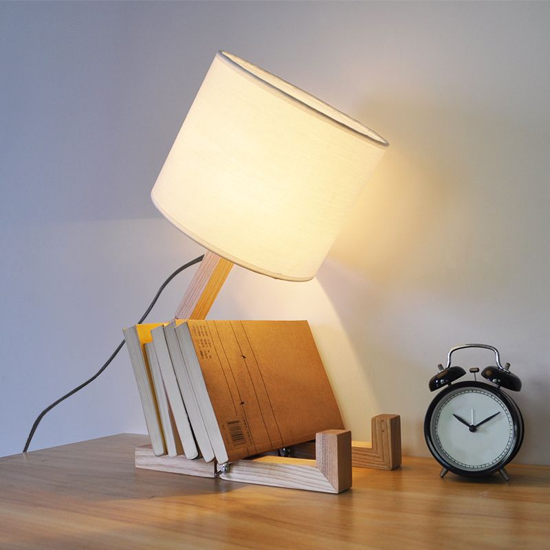 Man-Shaped Table Lamp Novelty Modern Wood Single Beige/Black/White Night Light with Book Rack Design and Cylinder Fabric Shade