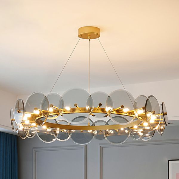 Gold Circle Chandelier Modern Multi Light Hanging Light with Glass for Bedroom