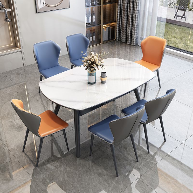 Modern Extendable White Stone Top Dining Table with 4 Black Rubberwood Legs
