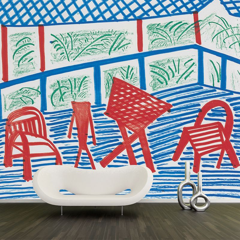 Modern Courtyard Dinette Wall Mural Red-Blue-Green Washable Wall Art for Living Room