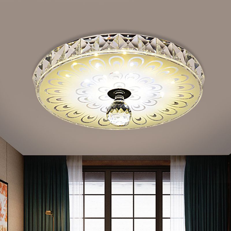 Simplicity Round Flush Mount LED Faceted Crystal Ceiling Mounted Light in White with Peacock Tail Pattern, Warm/White Light