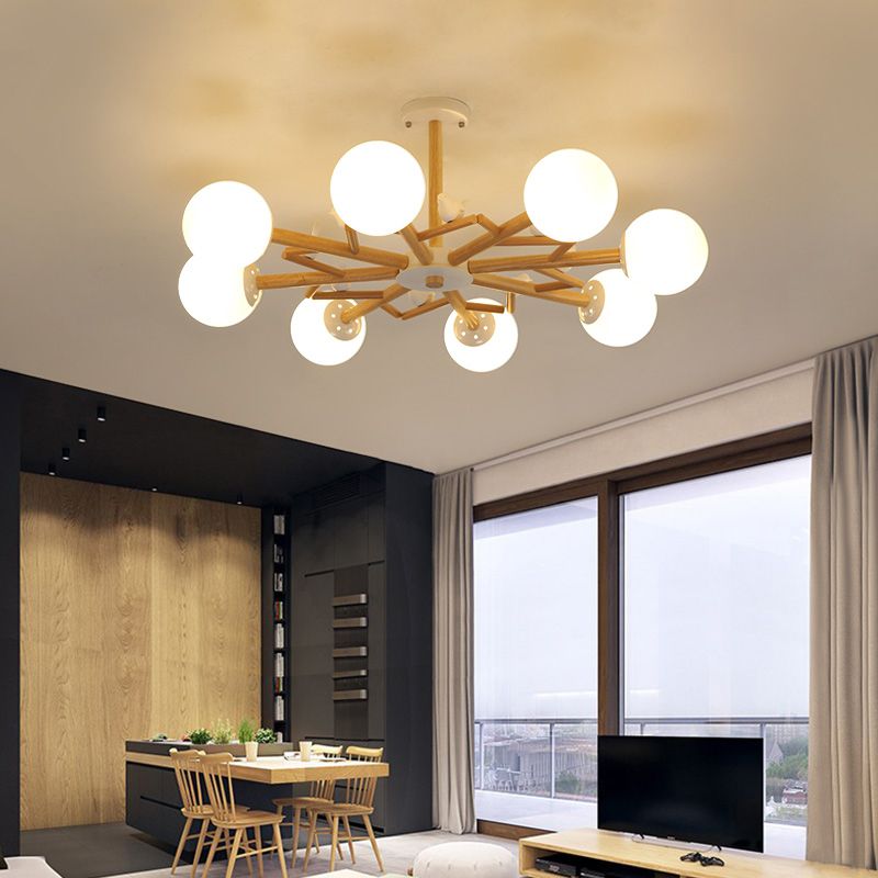 Ball Chandelier Lighting Nordic Cream Glass Living Room Hanging Light in Wood with Bird Decor