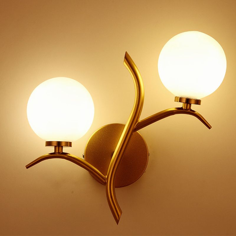 2 Bulbs White Glass Wall Sconce Modern Gold/Black Globe Dining Room Sconce Light with Branch-Shaped Arm
