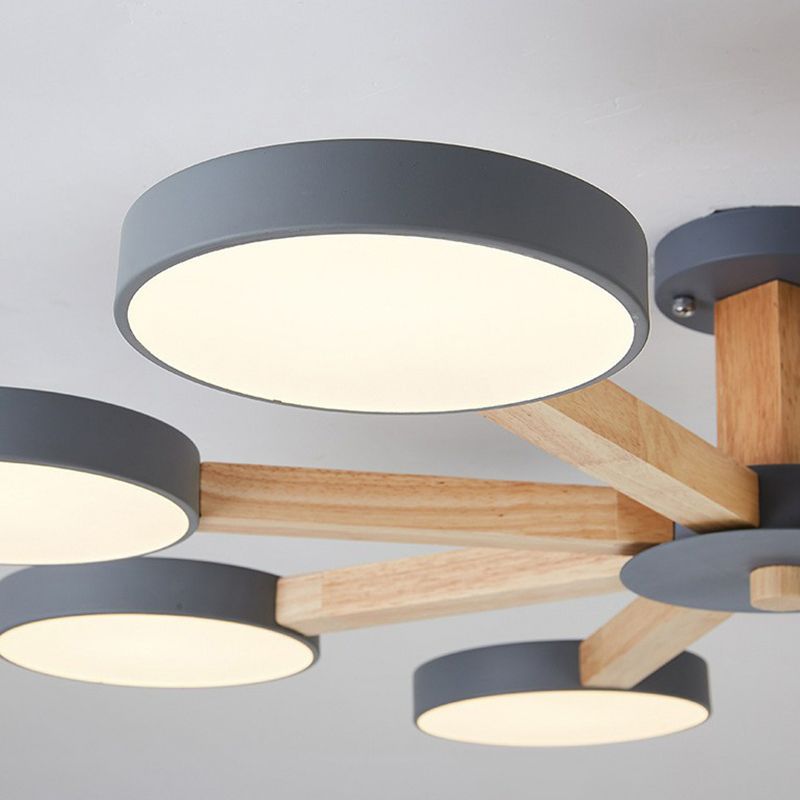 Radial Living Room Semi Flush Light Wooden 8 Heads Macaron Ceiling Flush Mount with Round Acrylic Shade