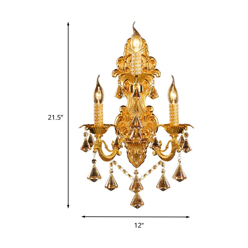 Gold Candelabra Wall Mount Light Traditional Metal 3 Heads Bedroom Sconce Light with Diamond Shape Crystal Decoration