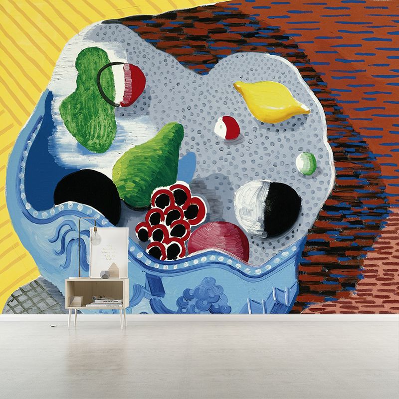 Art Deco Still-Life Fruit Murals Blue-Yellow-Green Water Resistant Wall Covering for Bedroom