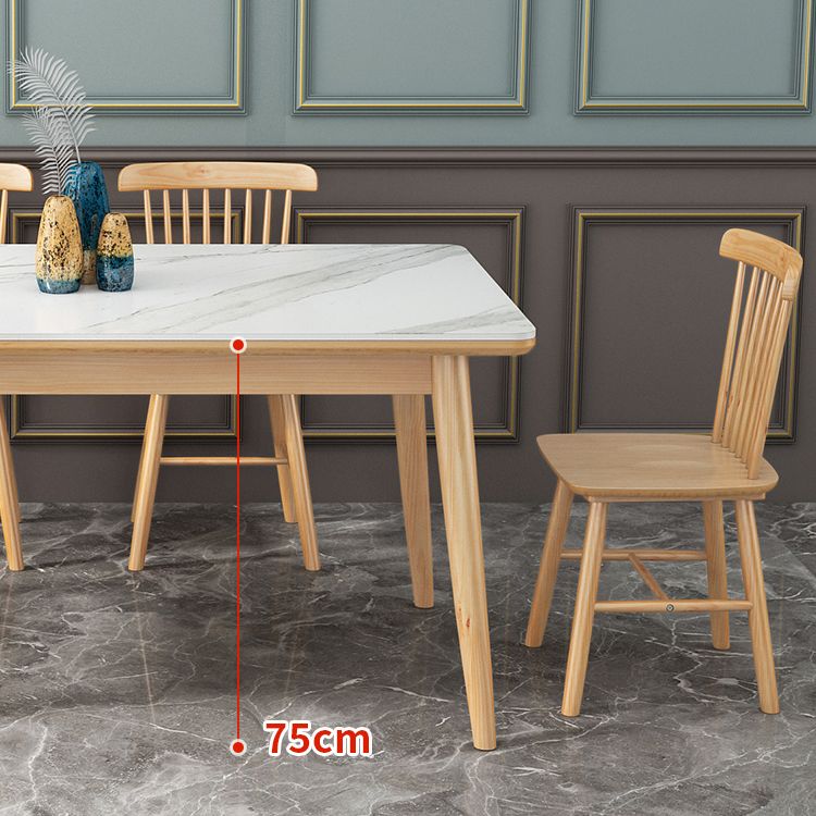 Modern White Rectangle Stone Dining Table with 4 Wooden Foot