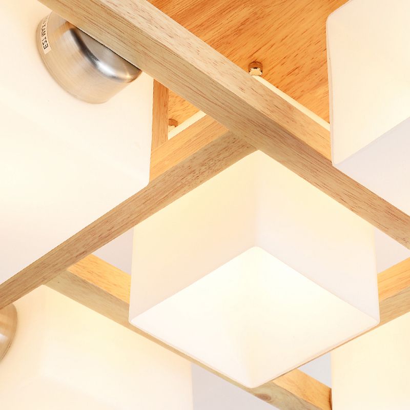 Modern Creative Indoor Semi Flush Mount Wooden Sputnik Ceiling Light with White Glass Shade