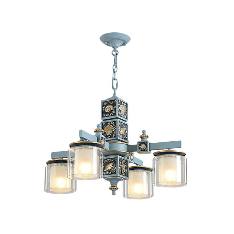 Sky/Light Blue Dual Cylinder Chandelier Nordic 4 Bulbs Clear and Opal Glass Down Lighting with Conch Design
