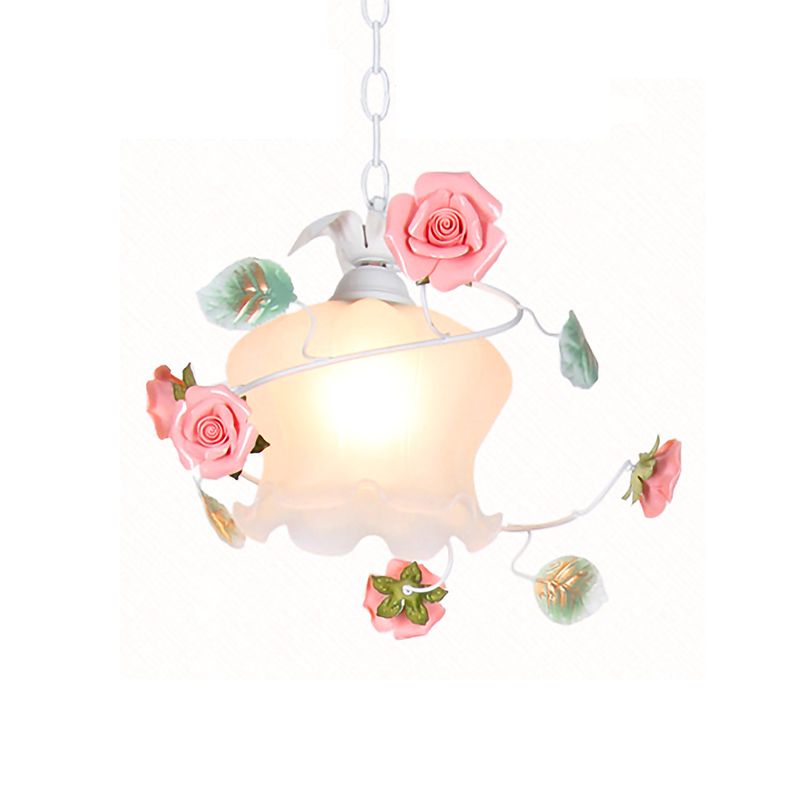 Pastoral Style Rose Hanging Lamp 1-Bulb White Glass Down Lighting Pendant for Living Room