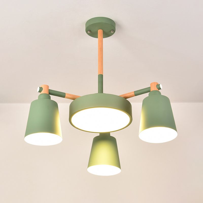 3/5/8-Light Living Room Chandelier Lamp Macaron Grey/Blue/White and Wood Suspension Pendant with Bucket Metal Shade