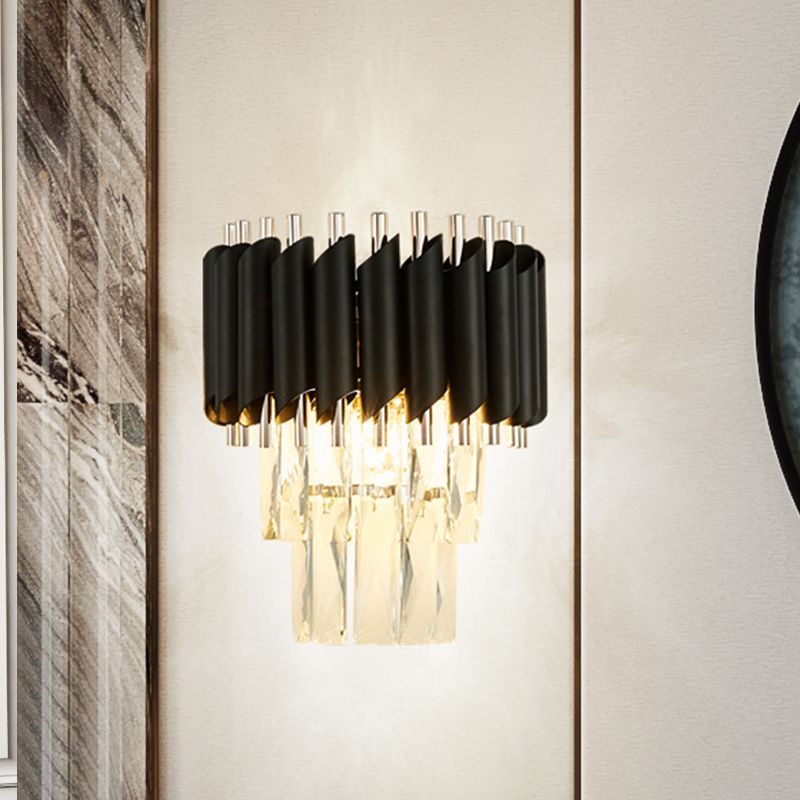 Contemporary Layered Wall Lighting 2-Light Clear K9 Crystal Wall Sconce Light Fixture in Black