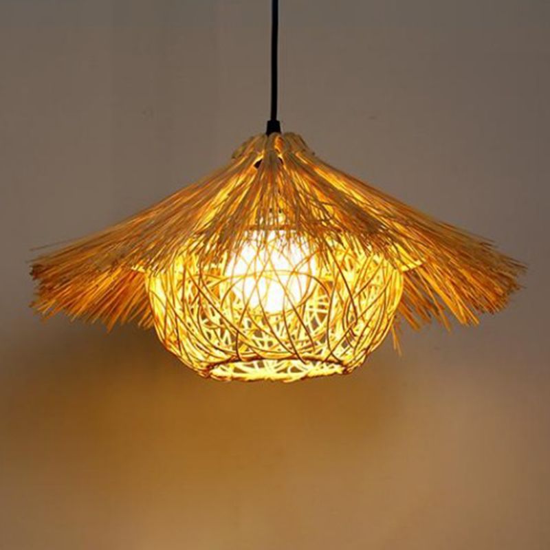 Contemporary Nest Pendant Lighting Fixture Rattan Restaurant Hanging Ceiling Light in Beige