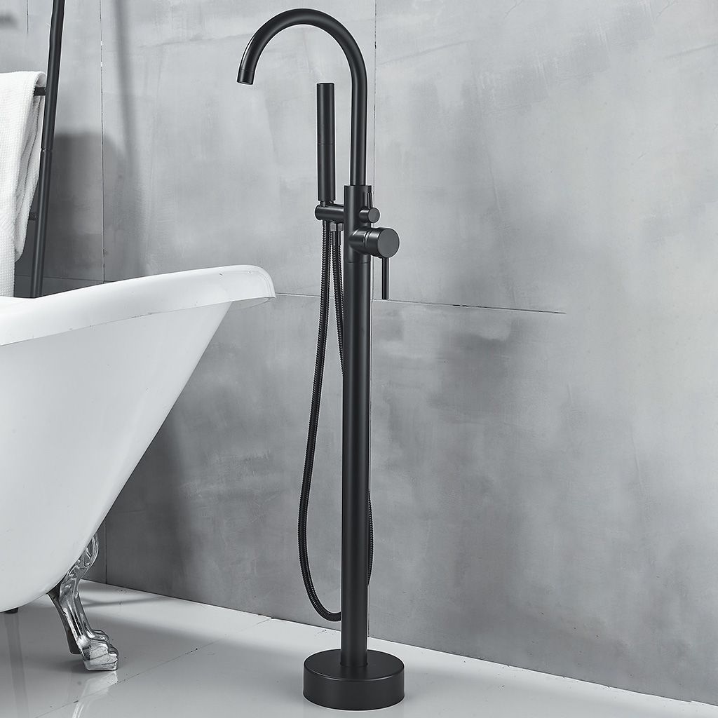 Modern High Arc Faucet Brass Floor Mounted Free Standing Tub Filler Faucet