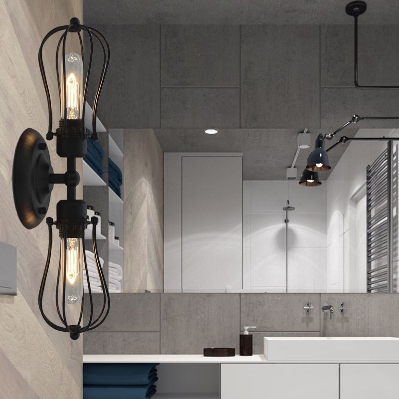 Luz de montaje de pared con forma de bombilla de metal con sombra jaula de jaula industrial 1/2 luces de pared de restaurante en negro/níquel