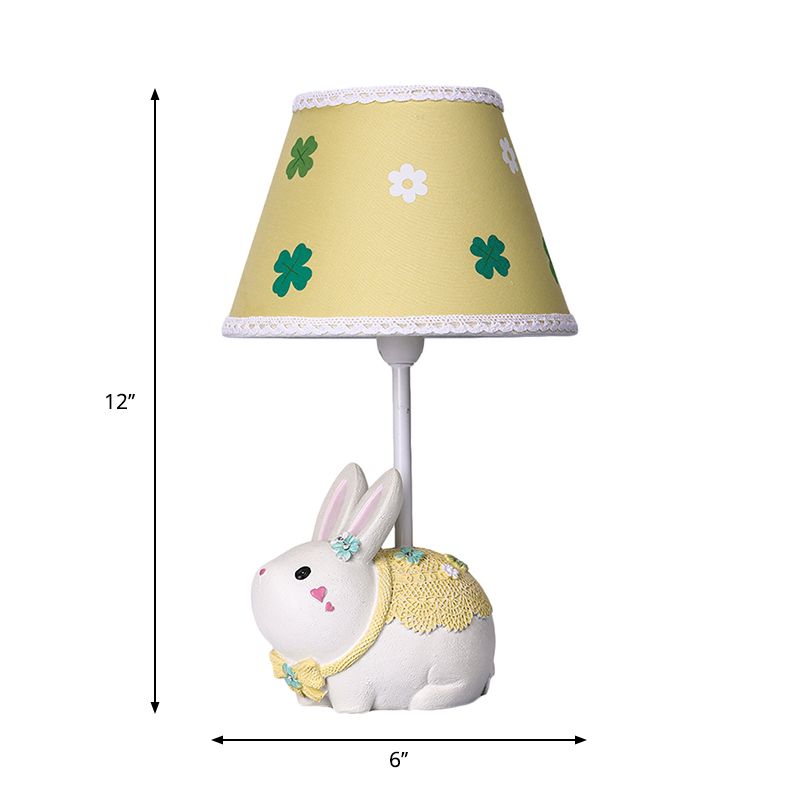 Lampe konische Stoffstudienlampe 1-Licht gelbe Tischlicht mit Kleemuster und Kaninchenbasis