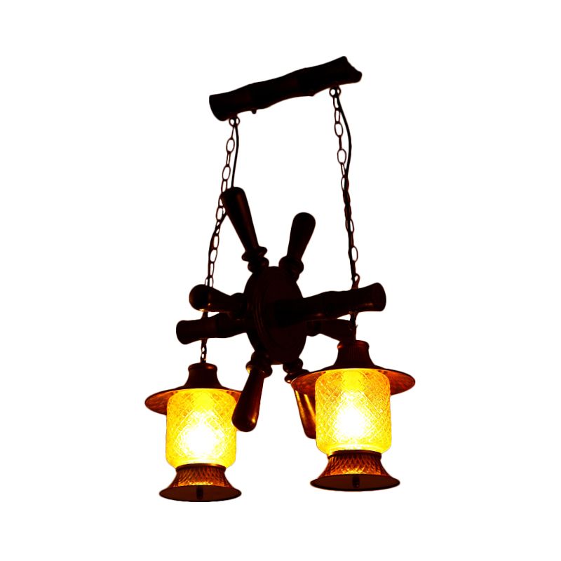 Factory Kerosene Chandelier Lamp 2 Lights Yellow Grid Glass Pendant Ceiling Light in Copper with Wood Rudder Design