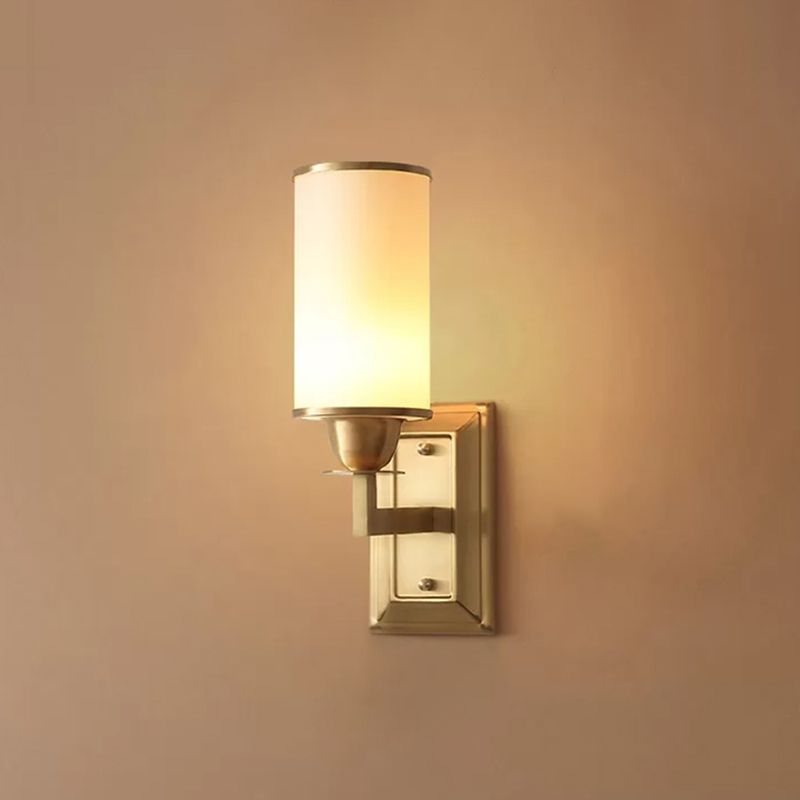 1-Light White Glass Wall Sconce Traditional Brass Cylindrical Dining Room Wall Mount Light