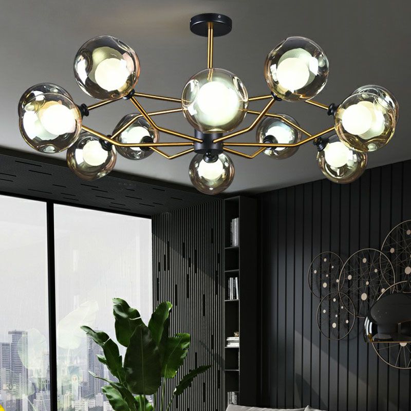 Postmodern molecuul kroonluchter lichtglas woonkamer plafond suspensielamp in zwart-messing