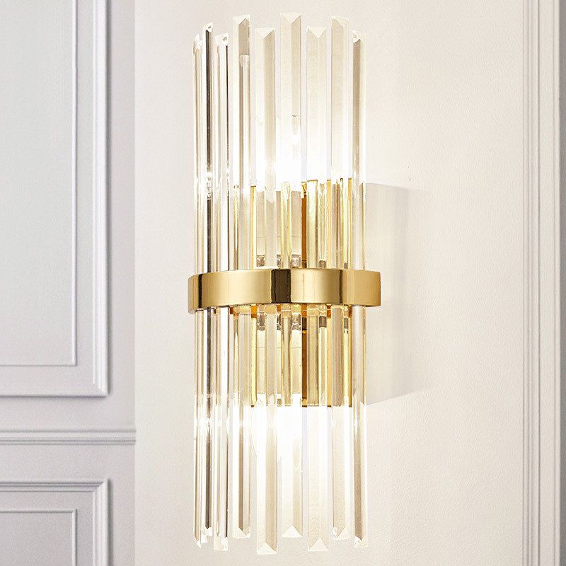 Cylinder Wall Mounted Lamp Contemporary Style Clear Crystal 2 Bulbs Golden Wall Lighting for Living Room
