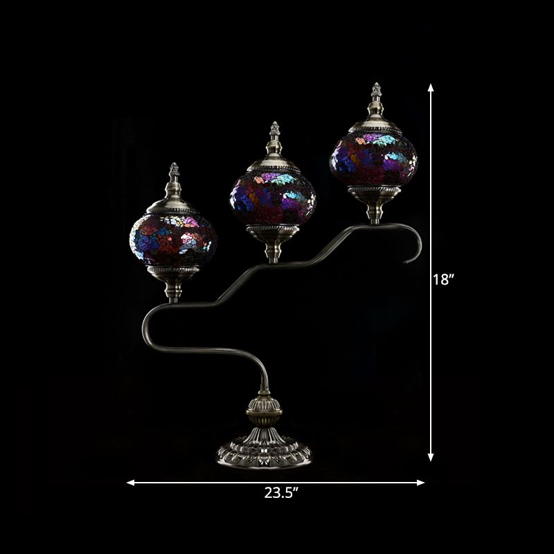 3 Heads Stained Glass Night Light Mediterranean Red/Orange/Blue Tower Bedroom Table Lamp with Step Design