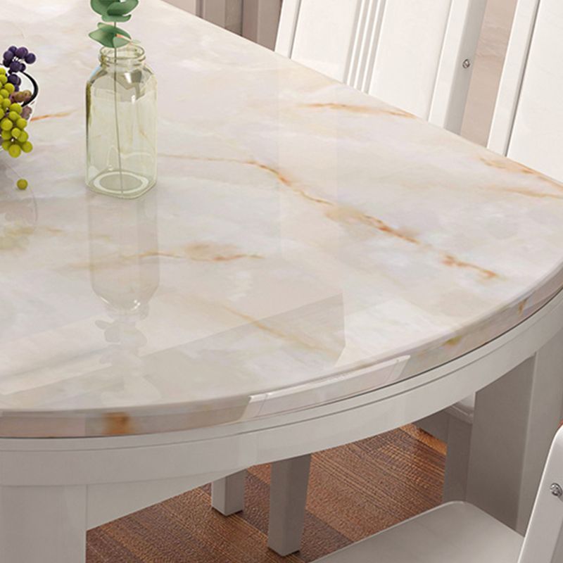 Modern Round White Stone Top Retractable Dining Table with 4 Rubberwood Legs