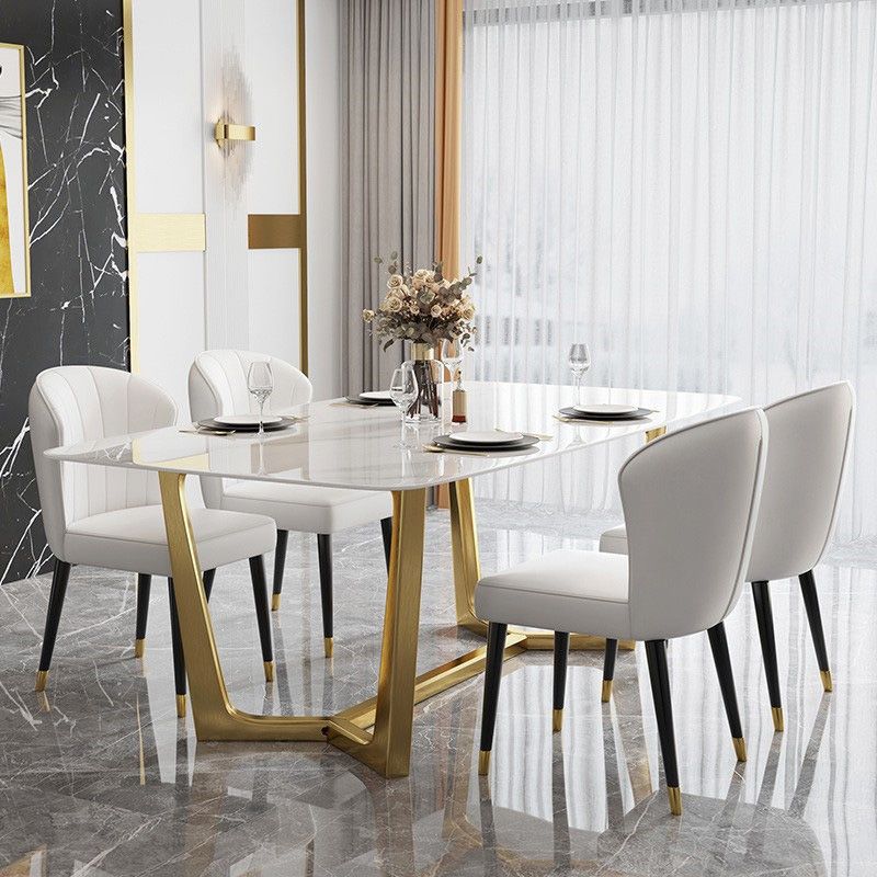 Glam Dinette Table Stone Rectangle Dining Room Table in White