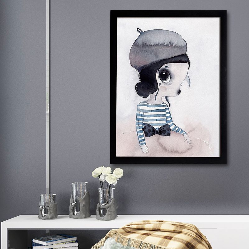 Cartoon Rabbit Painting Canvas Black Textured Wall Art Print for Childrens Bedroom