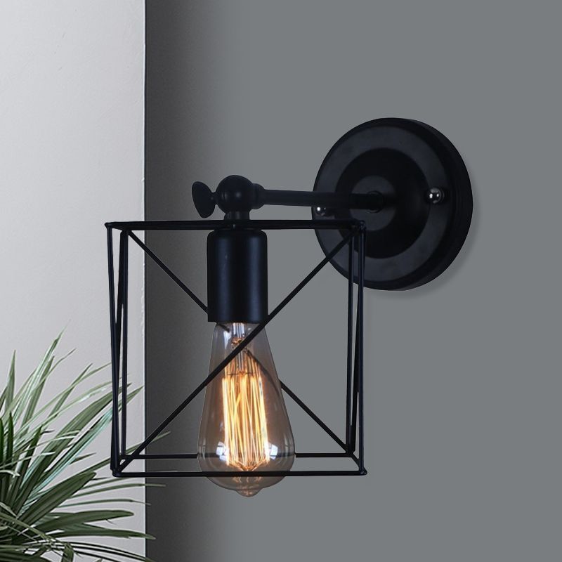 1 Head Metal Wall Lighting Antique Style Black Squared Cage Shade Bedroom Wall Mounted Lamp
