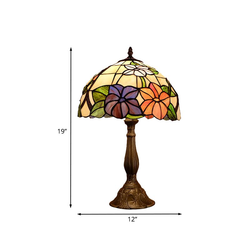 Tiffany Dome Shade Table Light 1-Bulb Stained Art Glass Night Lighting in Bronze with Bloom Pattern