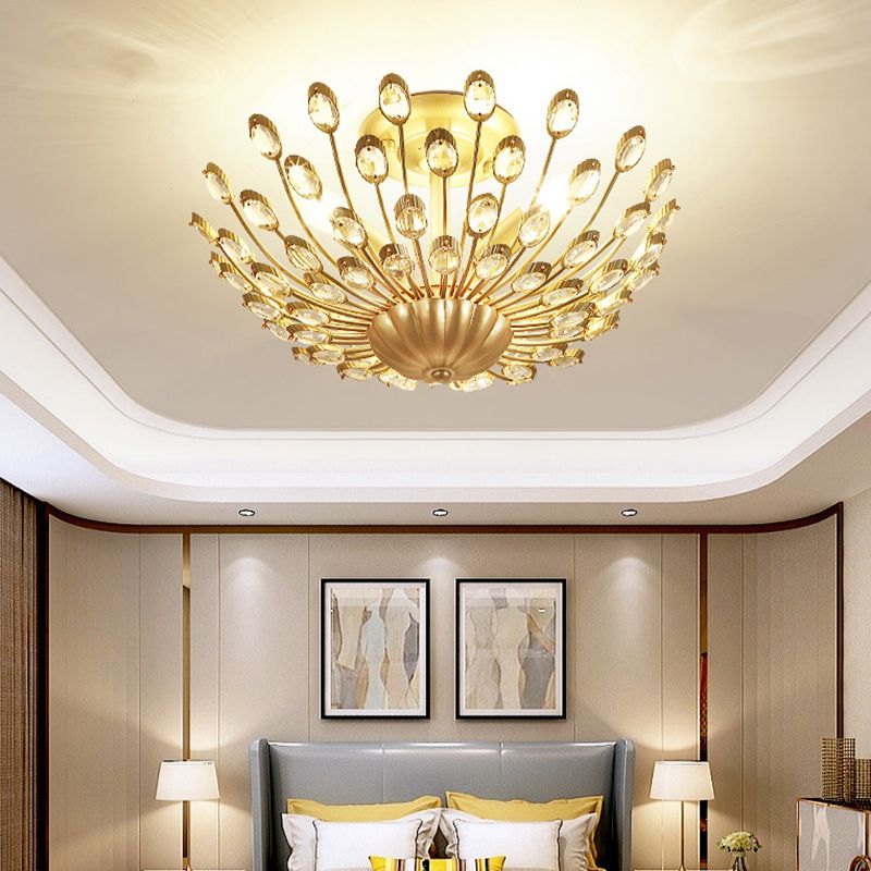 Peacock Crystal Semi Flush Mount Light Vintage 3 Lights Bedroom Ceiling Light Fixture in Gold