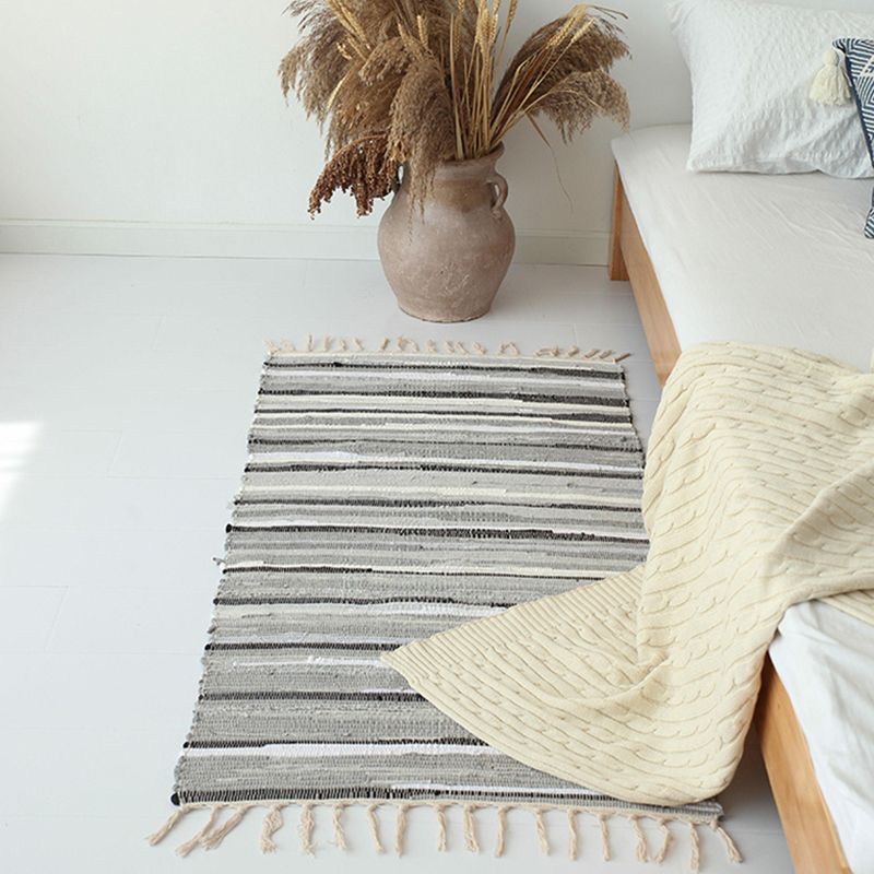 Ethnic Carpet Stripe Pattern Living Room Indoor Rug Cotton Blend Fringe Washable Indoor Rug