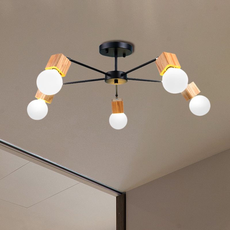 3/5-Light Ceiling Lamp Loft Industrial Open Bulb Metal Semi Flush Light in Wood for Bedroom